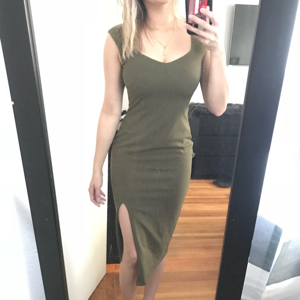 Army green angled midi dress
